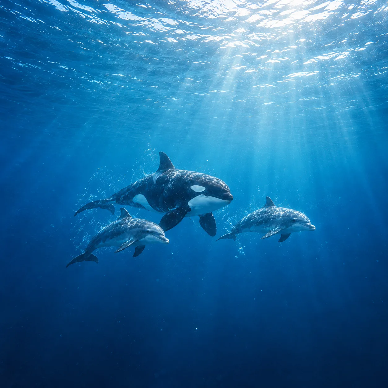 Orka i delfiny płynące razem w głębokiej, czystej wodzie